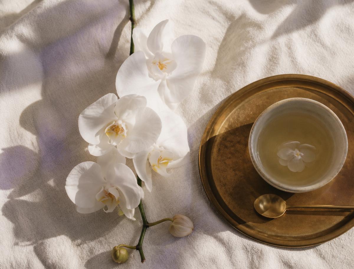 Orchid and gold teacup on cream linen